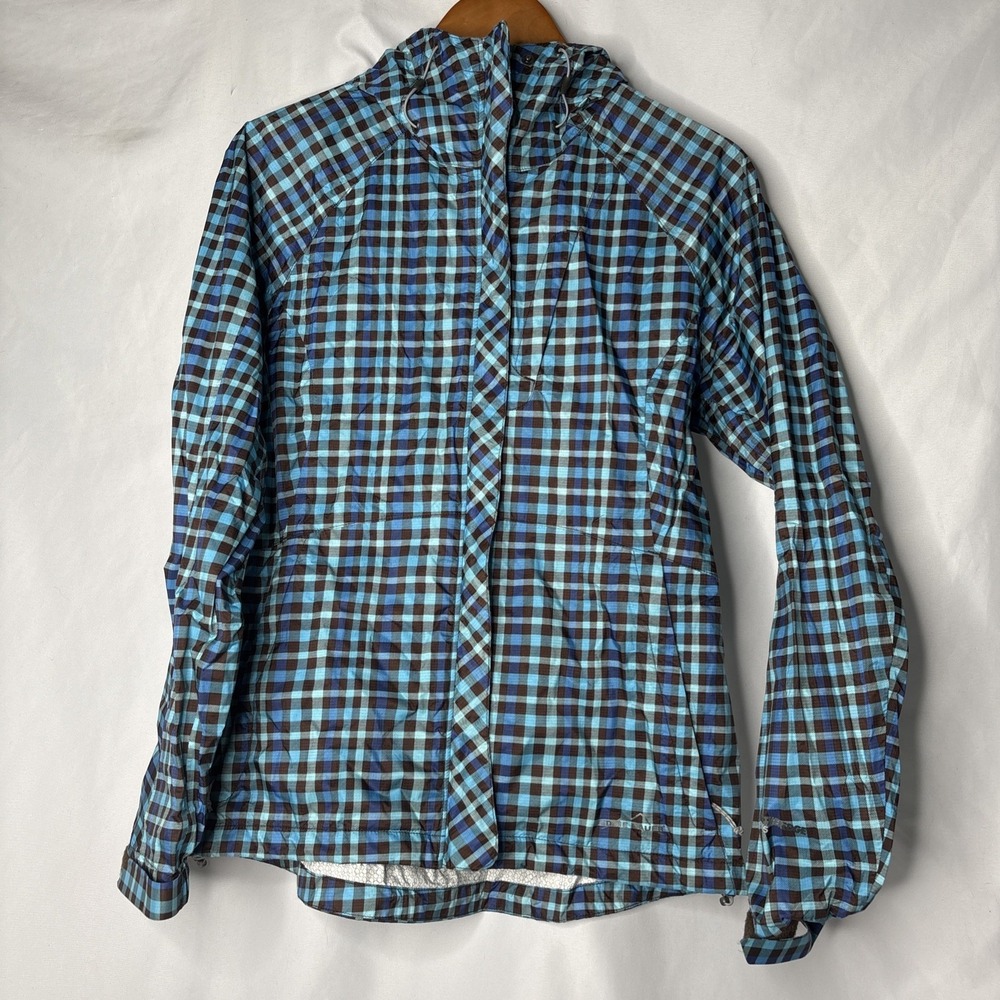 Eddie Bauer Women M Blue Plaid Checkered Hooded Full Zip Weatheredge Rain Jacket